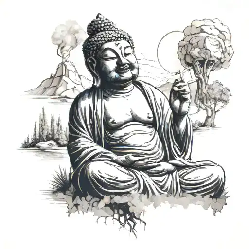A Sarcastic Buddha Smoking A Joint In Front Of A Serene Yosemite Landscape