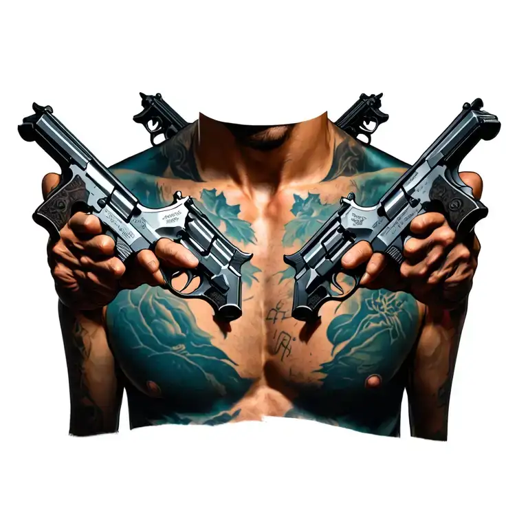 A Bunch Of Handguns On The Chest Pointed Towards The Neck Symmetrically At A Center Focal Point