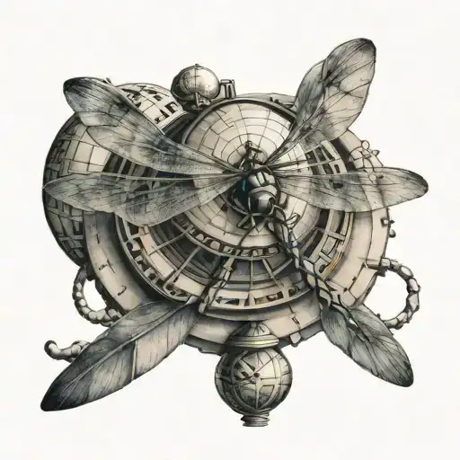 A Dragonfly Perched On Top Of An Armillary Sphere Floating