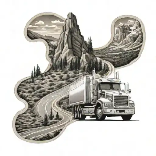 A Detailed Truck Driver Navigating Through A Winding Road With Mountains In The Background