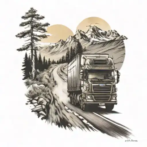 A Detailed Europen Truck Driver Navigating Through A Winding Road With Mountains In The Background