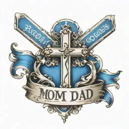 Blue Cross Wrapped With A Banner That Says Mom And Dad