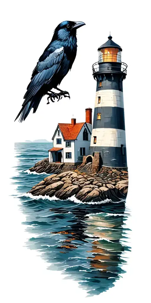 Crow And Lighthouse And Tin Mines And Sea