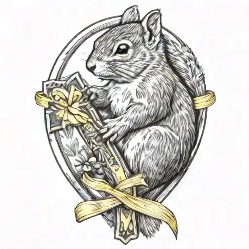 Squirrel Holding Cross With Yellow Ribbon Wrapped
