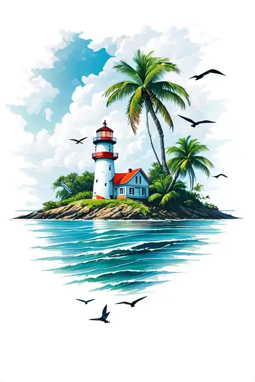 Ocean And Lighthouse On An Island With Palm Trees And Birds