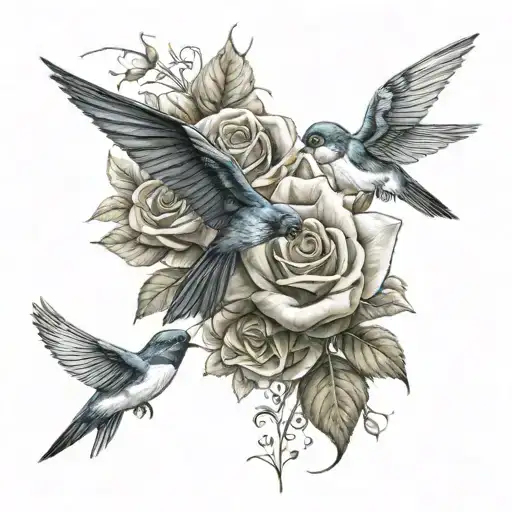Rose On Bicep And Two Swallows In Male Upper Arm Sleeve