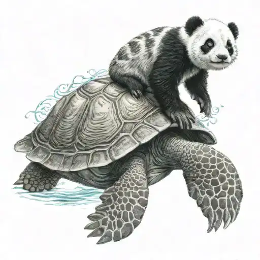 Baby Panda On The Back Of A Sea Turtle Swimming
