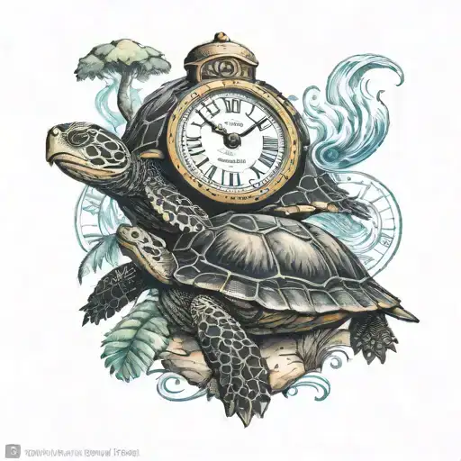Turtle Carrying An Island With Baby Turtle Next To It And A Clock