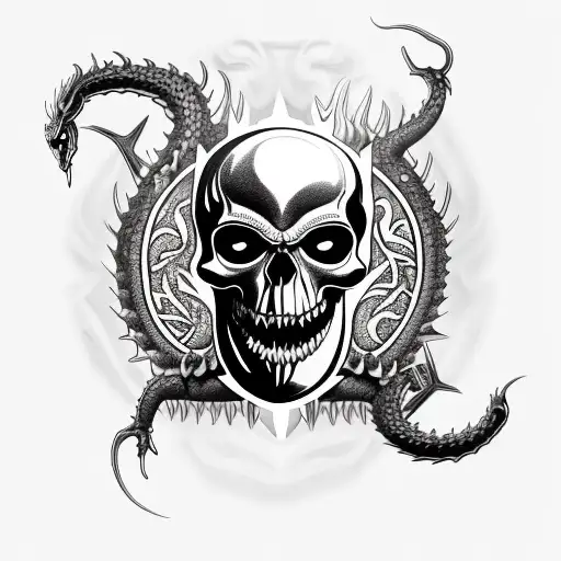 Shield With A Turbo Skull With Black Metal Lettering And A Dragon
