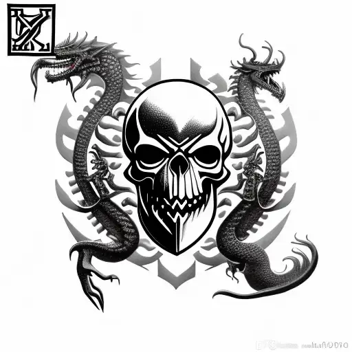 Shield With A Turbo Skull With Black Metal Lettering And A Dragon