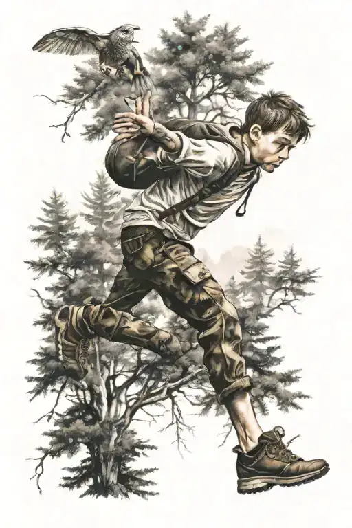 A Boy Flying In The Forest