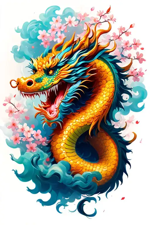 Chinese Dragon Coming Out Of Smoke With Cherry Blossom In The Background