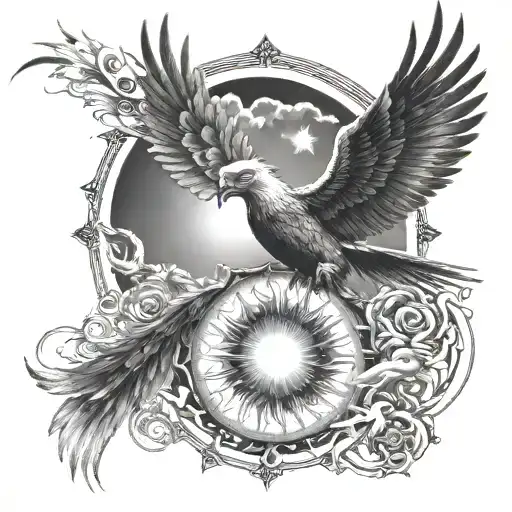 A Sun And Pheonix Flying With An Eye Symbol Integrated