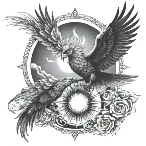 A Sun And Pheonix Flying With An Eye Surrounded