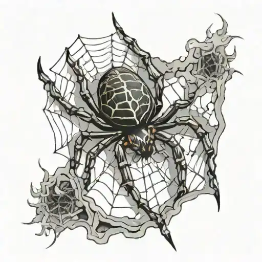 Spider Web With A Spider With A Spider In An Attack Position While The Spider Web Is Burning