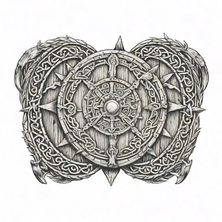 A Plain Viking Round Shiel Made Of Wood With Axes And Runes