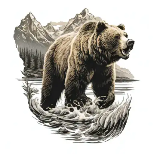 Grizzly Bear Standing With Fish In Mouth In A River With Mountains In Background