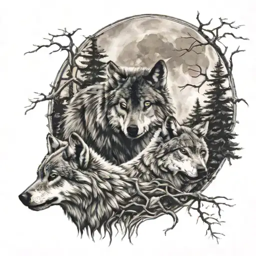 Wolf With 2 Cubs In A Forest And Moon