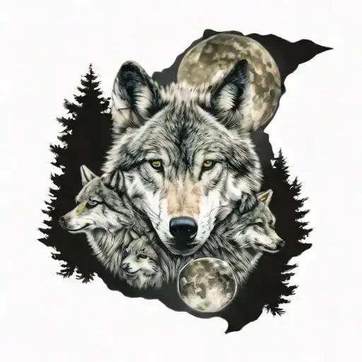 Wolf Head With 2 Cubs In A Forest And Moon