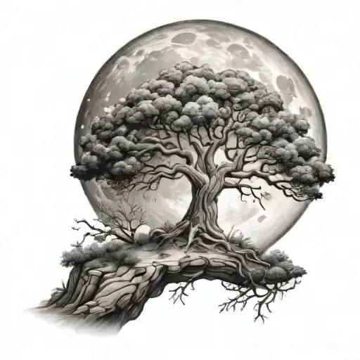 Tree Of Life On Cliff With Full Moon And Stars