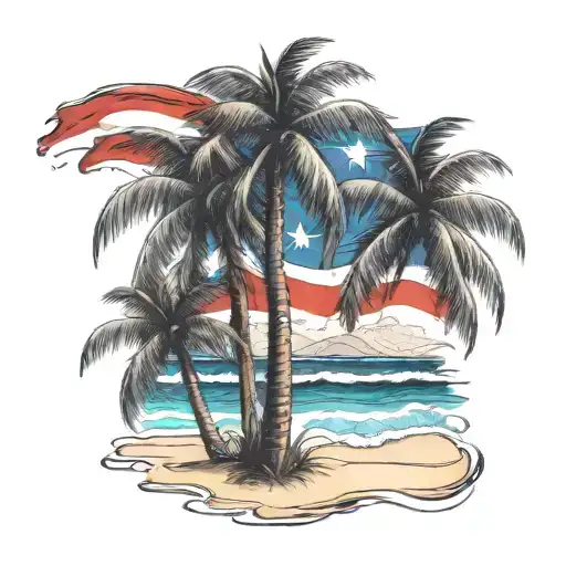 Beach Shore With Palm Trees And Puerto Rican Flag Intertwined