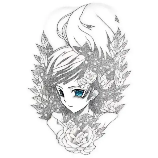 A Minimalist Tattoo Of A Beautiful Anime Painter Surrounded By A Forest