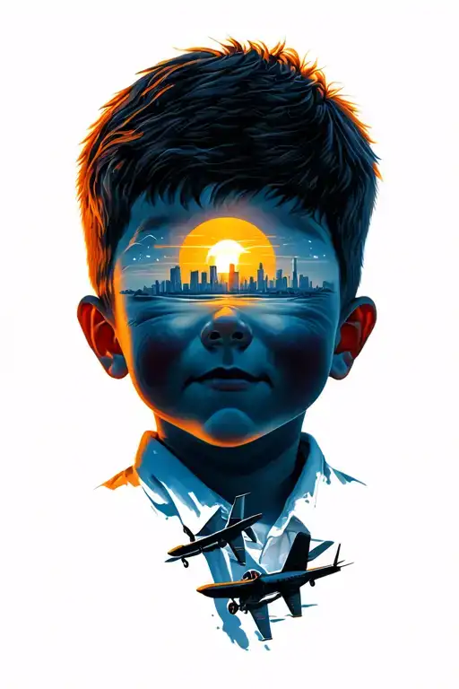Skyline Plane Sun Rise Young Boy Looking At It