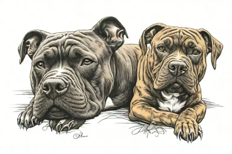 Brindle Pit Bull Laying On Tricolor Pit Bull