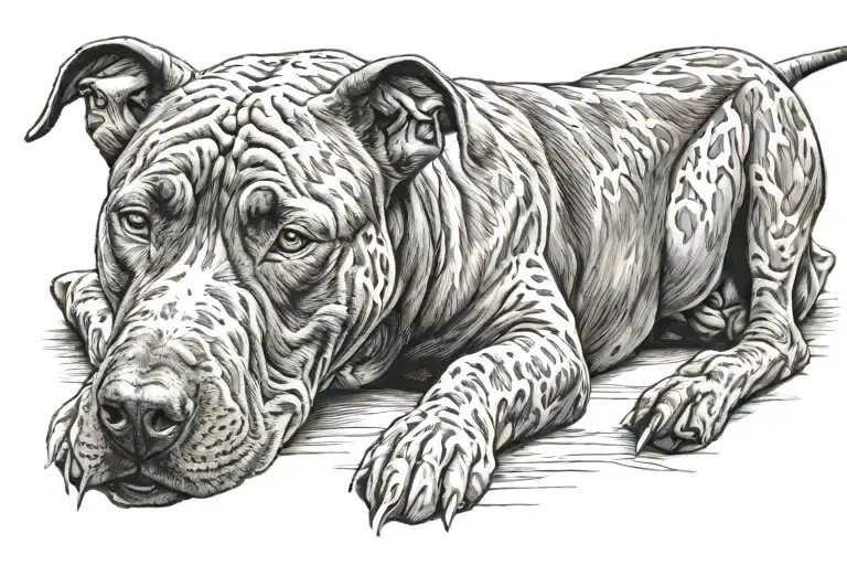 Brindle Pit Bull Laying On Tricolor Pit Bull