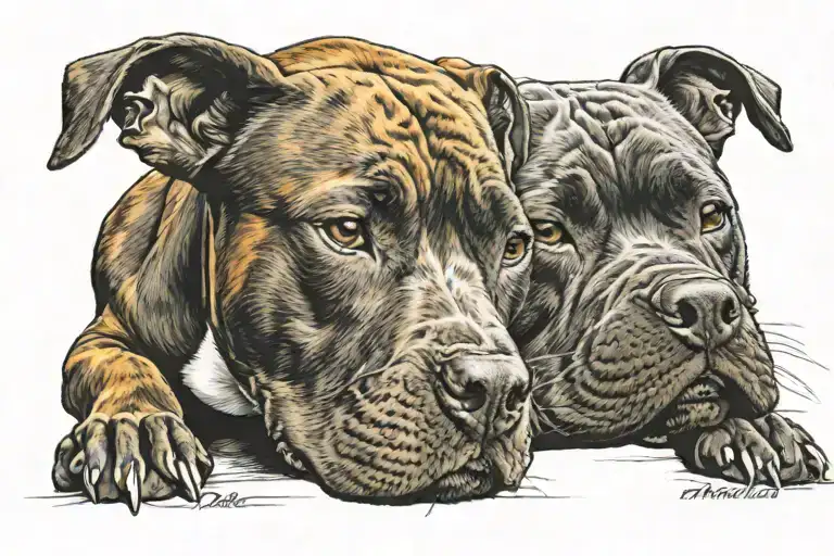 Brindle Pit Bull Laying On Tricolor Pit Bull