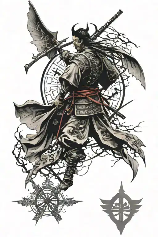 Samurai With Angles Wings And Crosses Around Wtih Family Tree