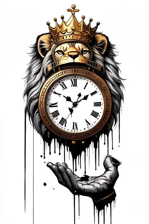 Graffiti Lion Head-film Strip-hand With A Broken Film Reel-stopped Clock-small Crown Above A Child