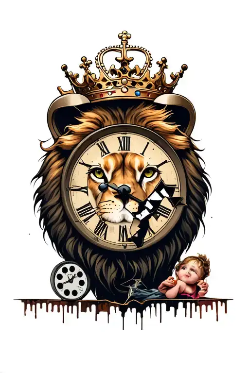 Graffiti Lion Head-film Strip-hand With A Broken Film Reel-stopped Clock-small Crown Above A Child