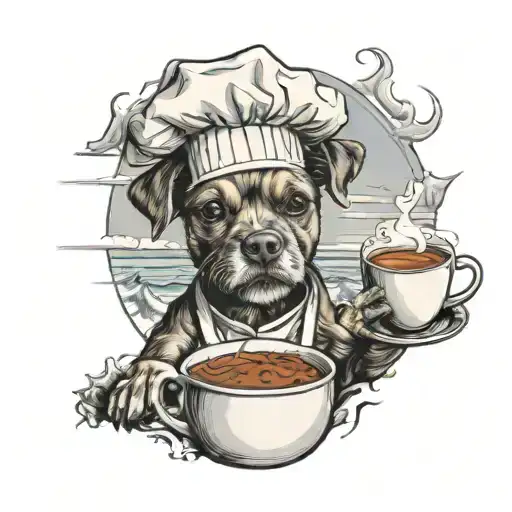 A Dog Wearing A Chef's Hat Cooking On A Beach With A Coffee Cup In Hand