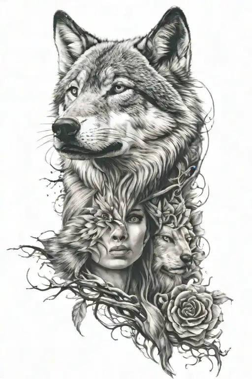 Realistic Sleeve With Wolf And Maybe Woman Face In The Forearm