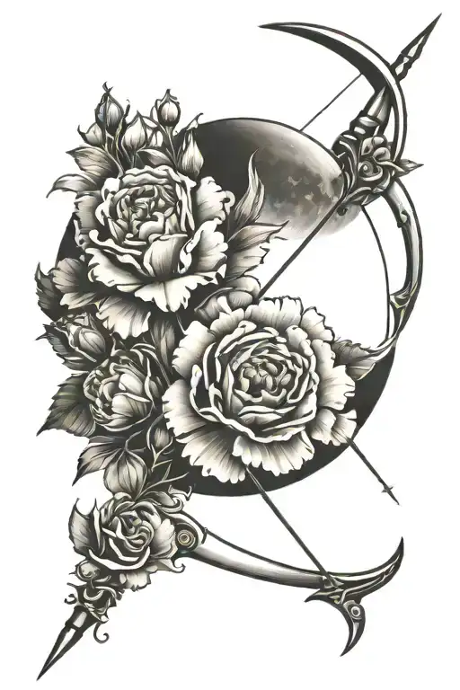 Bow And Arrow Design With Carnations On The Bow And A Crescent Waxing Moon