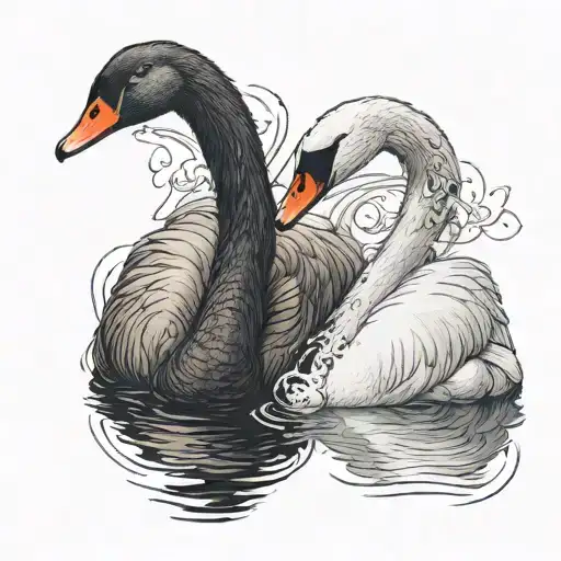A Black Swan And A White Swan Swimming Forming A Heart With Their Necks