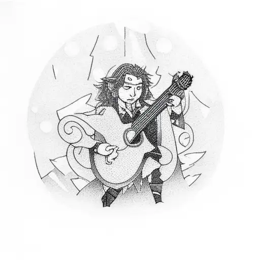 A Dotwork Tattoo Of A Hobbit Playing A Guitar In A Mystical Forest