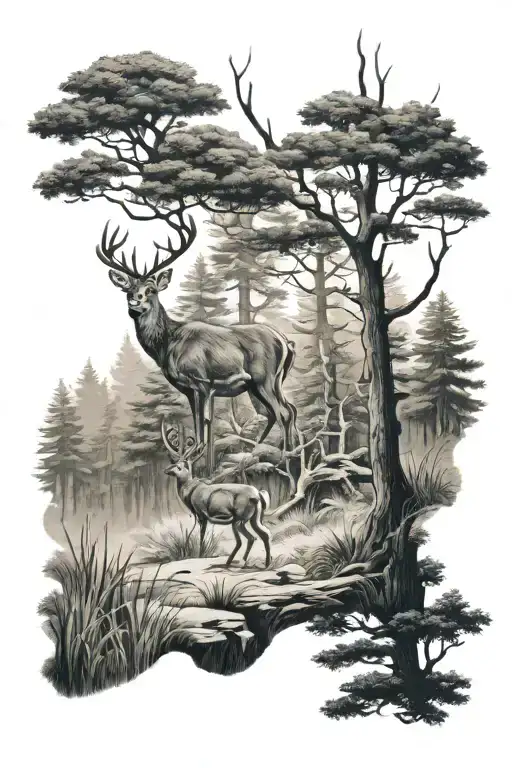 Forest With Deer Standing Side By Side