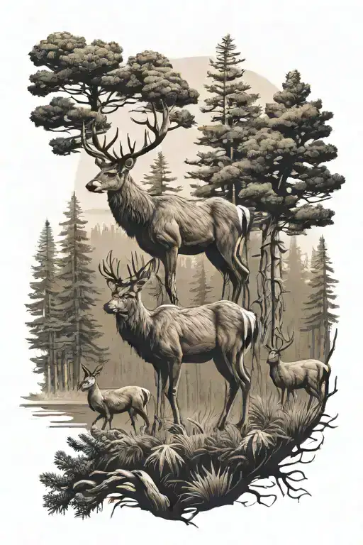 Pine Forest With Deer Standing Side By Side