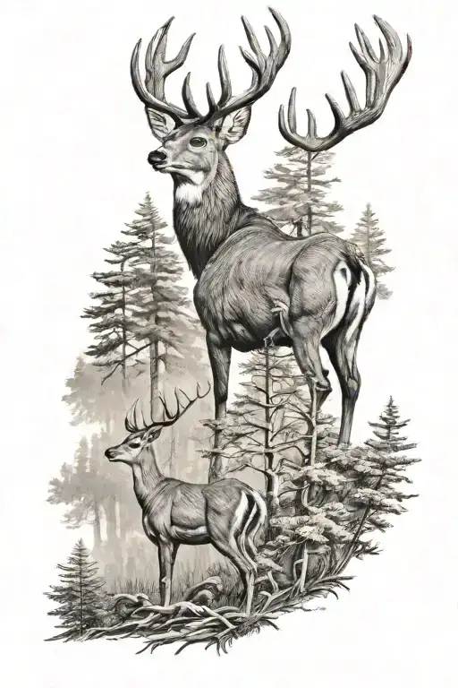 Pine Forest With Whitetail Deer Standing Side By Side