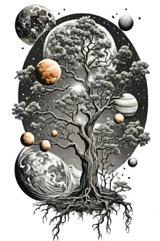 Tree In The Milky Way With Planets On The Branches
