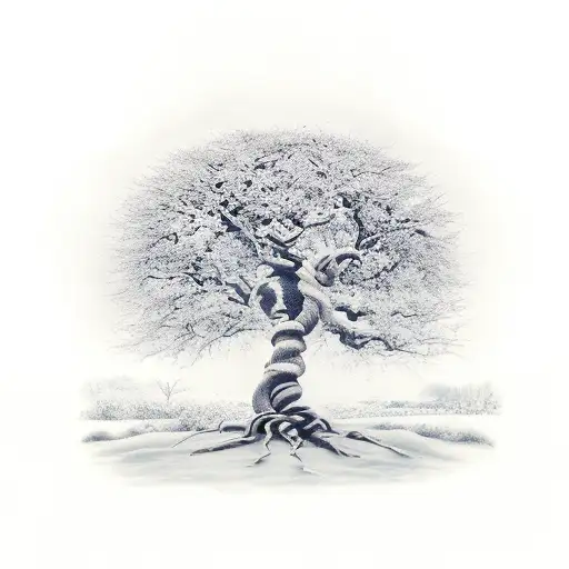 A Fine-line Tattoo Of A Ceiba Tree With One Side Representing The Spring And The Other The Winter