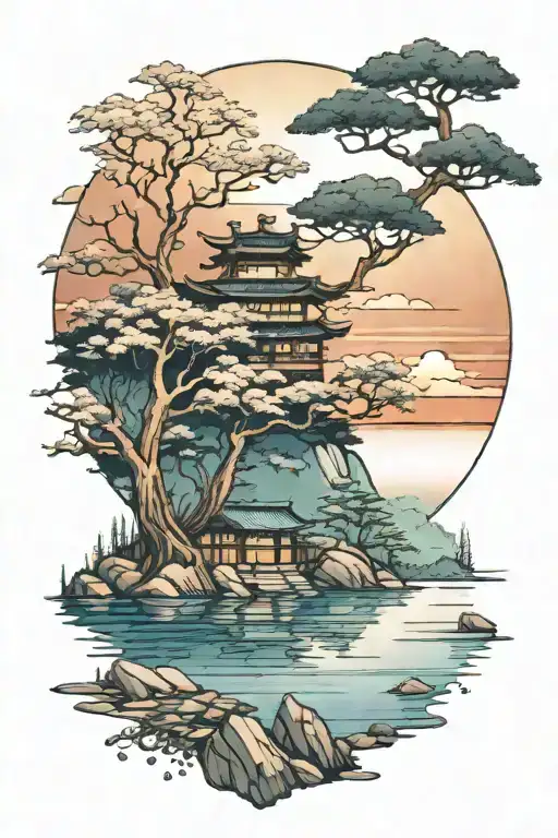 Japanese Style Landscape With Water And Trees Colors Sunset Over Lake