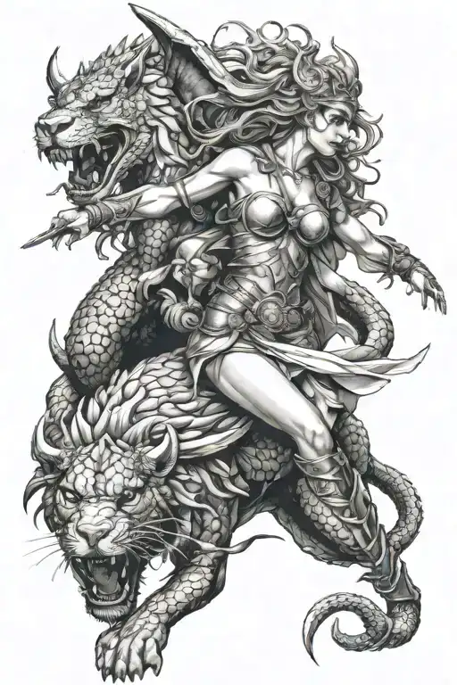 Sexy Valkyrie Wrapped By A Dragon That Is Fighting A Lion
