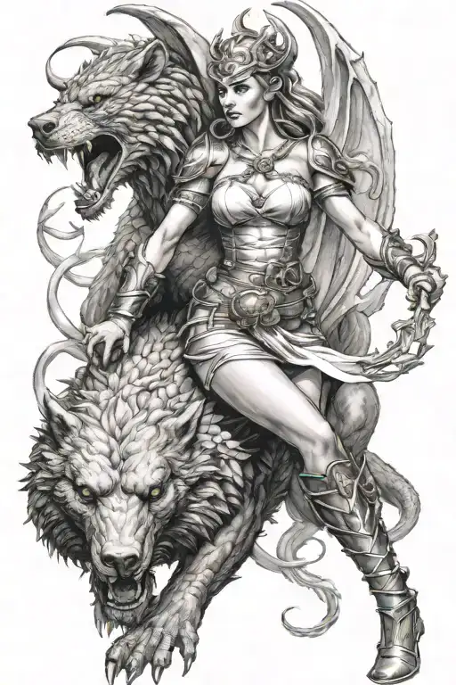 Sexy Valkyrie Wrapped By A Dragon That Is Fighting A Bear