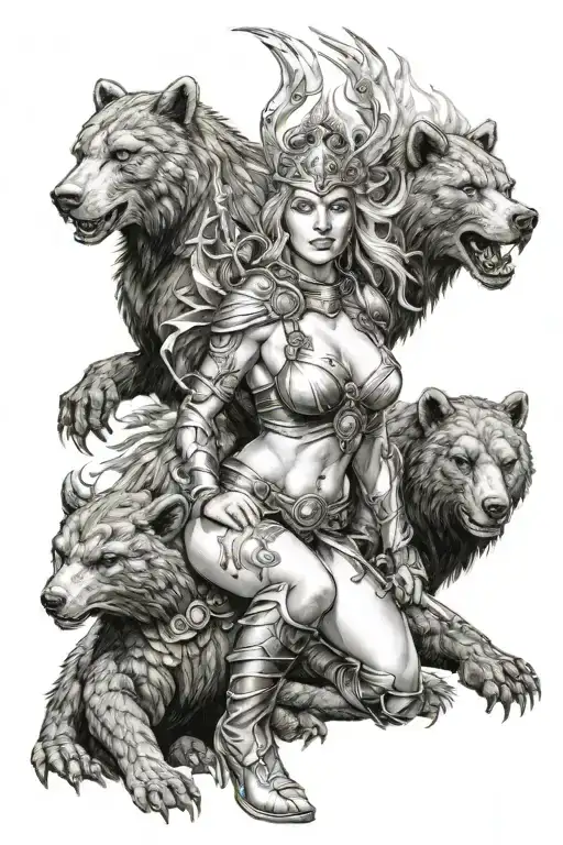 Sexy Valkyrie With A Warrior Bear Wrapped By A Dragon Breathing Fire
