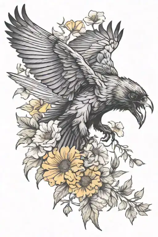 Flying Raven With Marigold And Cosmos Flowers