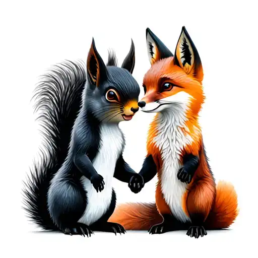 Linear Silhouettes Of A Squirrel And A Fox Holding Hands