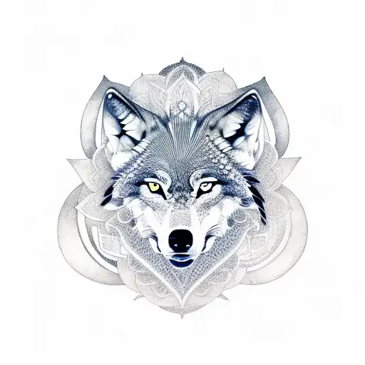 A Dotwork Illustration Of A Wolf In A Mandala Surrounded By Feathers